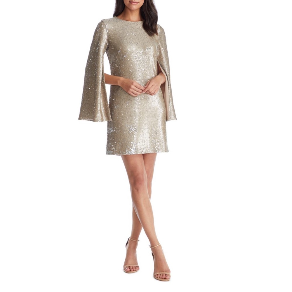 Dress The Population Liza Cape Sleeve Sand Multi Sequin Minidress- New! Reemoly
